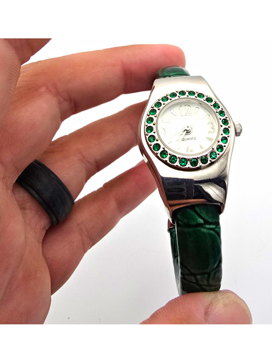 Accessories - Women’s Quartz Analog Bangle Wristwatch Gem Bezel Green Faux Leather Band